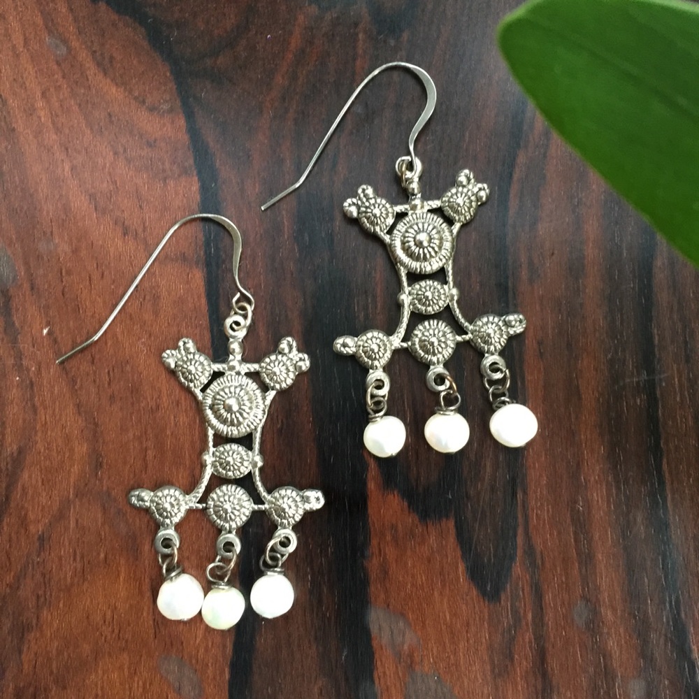 Tribal Silver and Pearl Dangle Earrings NWOT